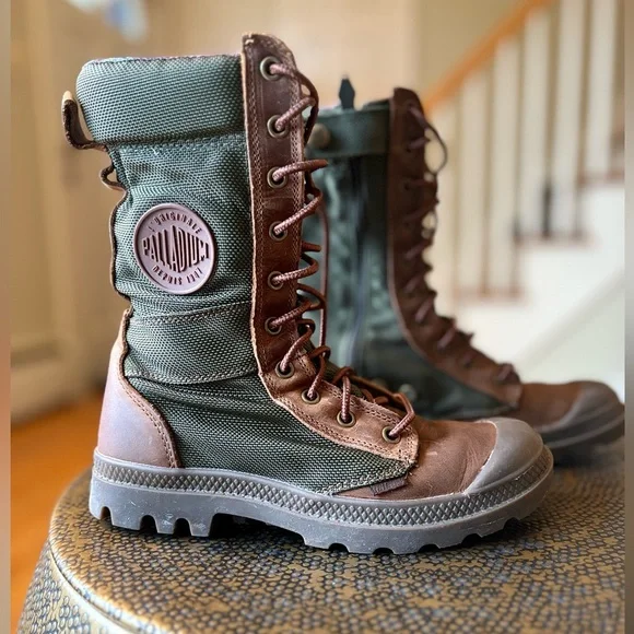 Palladium Green and Brown Combat Boots with Flannel Interior - Picture 1 of 10